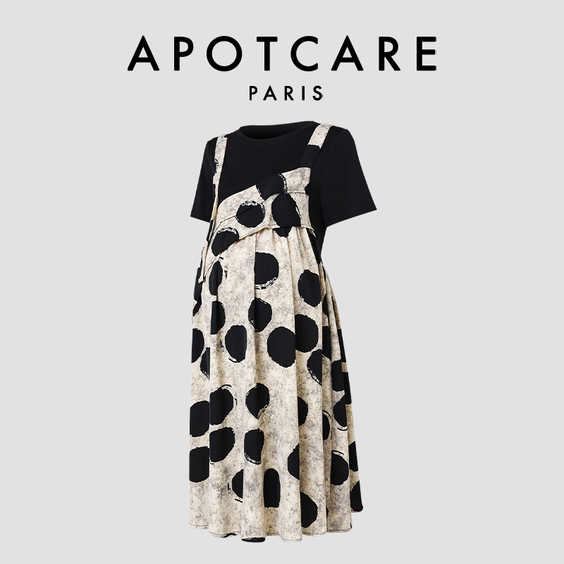 French Apotcare Maternity Wear for Summer, Petite Size, Conceals Belly Without Appearing Pregnant, Black Polka Dot Faux Two-Piece Dress