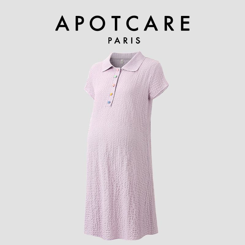 French Apotcare Maternity Wear Summer Short-Sleeved Cool and Refreshing Lapel Slimming Mid-Length Maternity Dress