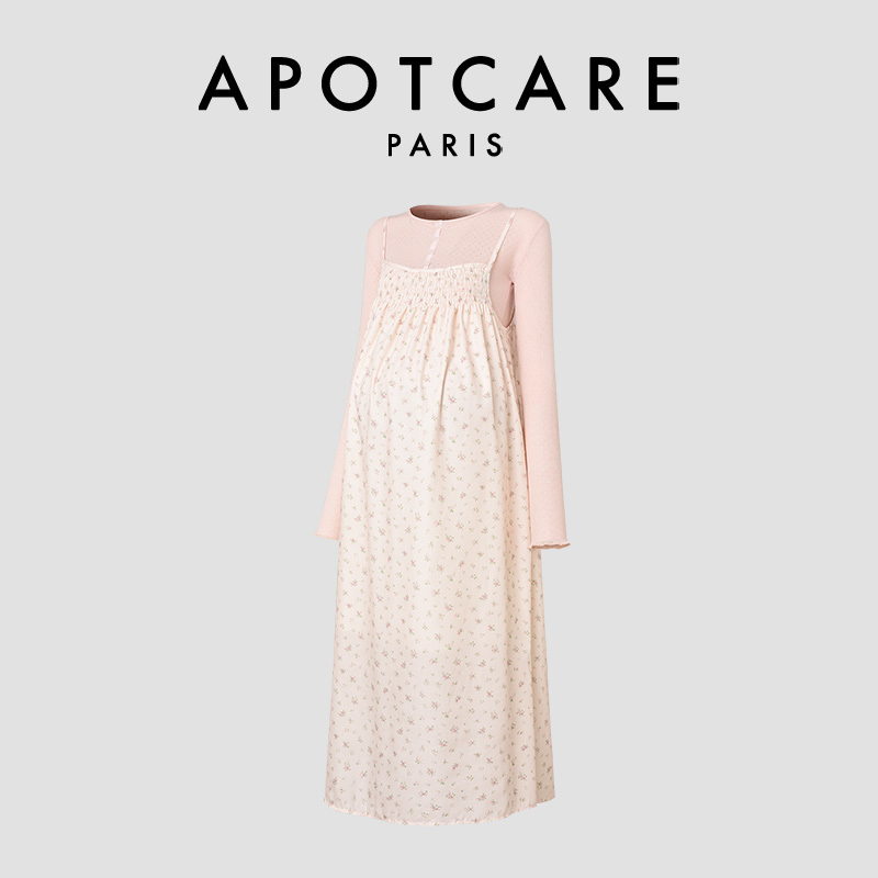 French Apotcare Maternity Wear Spring and Autumn Pink Floral Suspender Dress Slim Fit Long-Sleeved Suit