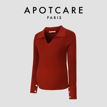 French APOTCARE maternity wear autumn and winter red POLO shirt lapel knitted sweater with base layer