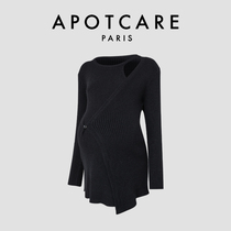 French APOTCARE maternity wear autumn and winter fashionable knitted sweater black long-sleeved round neck bottoming shirt top