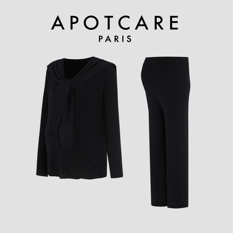 French Apotcare Maternity Wear Autumn and Winter Style Old Money Style Shawl Top Wide-Leg Pants Three-Piece Set French Apotcare Maternity Wear Autumn and Winter Style Old Money Style Shawl Top Wide-Leg Pants Three-Piece Set