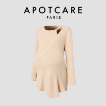 French APOTCARE maternity wear autumn and winter fashionable knitted sweater oatmeal color long-sleeved round neck bottoming shirt top