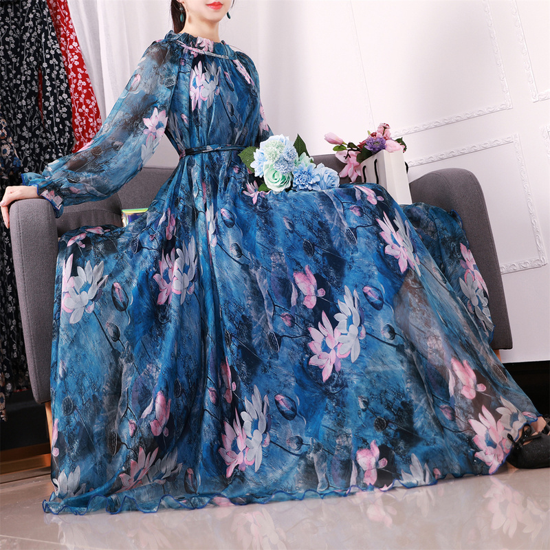 2026 Summer New Style Elegant New Chinese-Style Dress Seaside Vacation Long Dress Long-Sleeved High-End Floral Chiffon Women's Dress