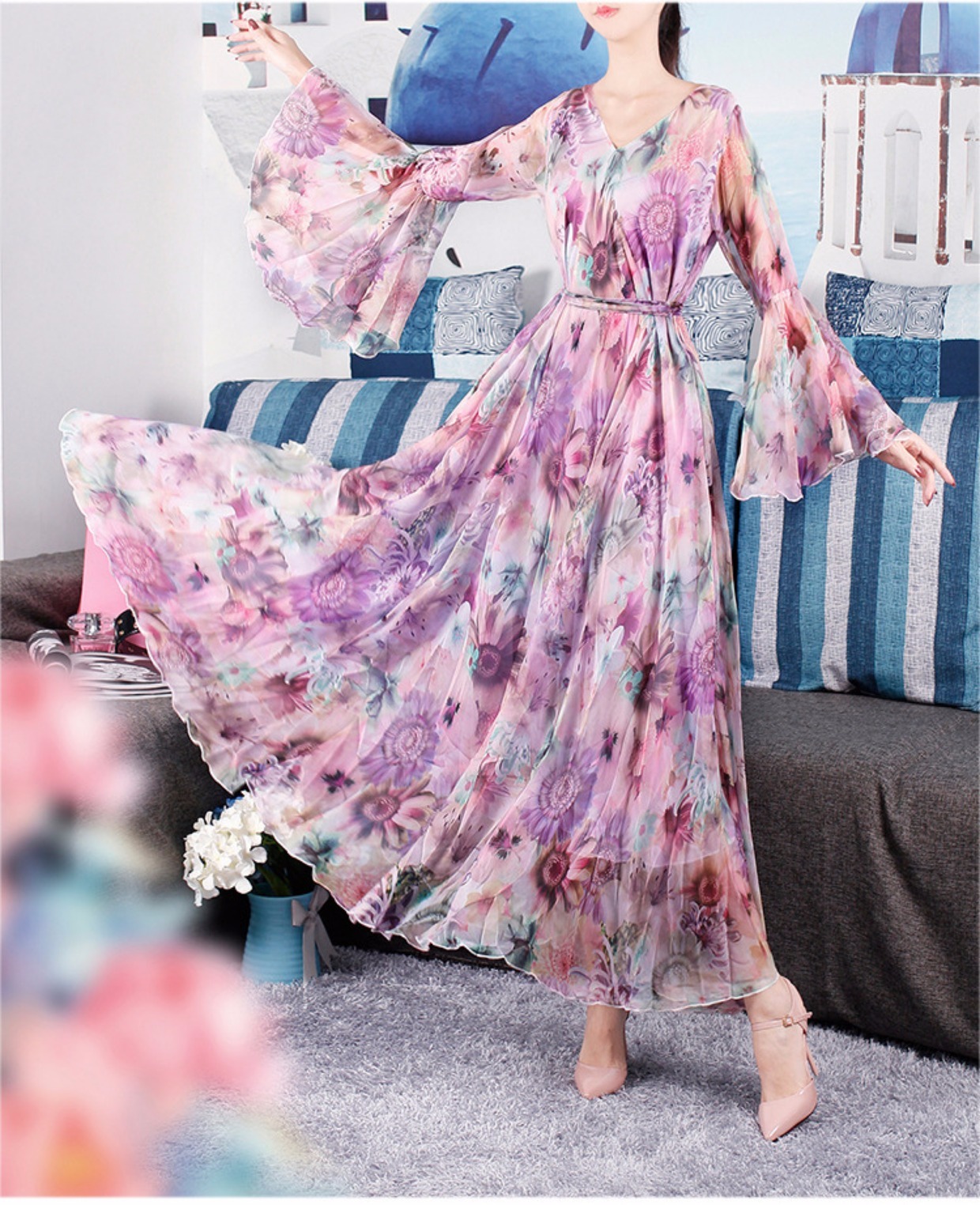 Quần áo năm mới 2019 của phụ nữ váy đầm voan hoa mùa xuân đầm xòe tay dài in họa tiết đầm nữ mùa hè đầm maxi hoa nhí