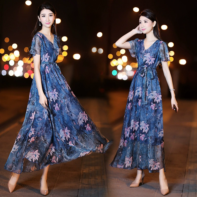 Mùa hè 2021 váy hoa voan mới mùa hè Váy in chữ V tay ngắn váy đầm xòe lớn mùa xuân và mùa hè quần áo phụ nữ cộng với kích thước - váy đầm