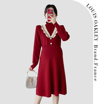 French LOUIS OAKLEY French maternity wear spring and autumn fashionable New Year red versatile long-sleeved knitted dress