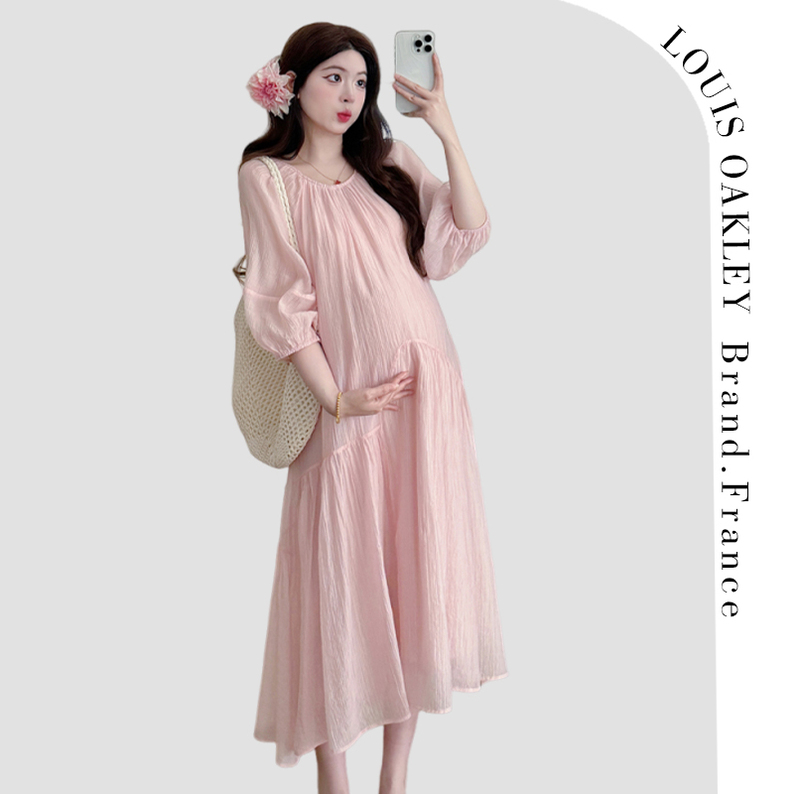 French Louis Oakley Maternity Wear 2026 Summer New Chiffon Sweet Pure Color Pink Loose Dress