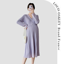 French LOUIS OAKLEY French maternity wear spring and autumn new fashion V-neck pleated knee-length knitted dress