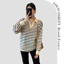 French LOUIS OAKLEY French maternity wear spring and autumn fashion casual V-neck striped slim knitted bottoming shirt