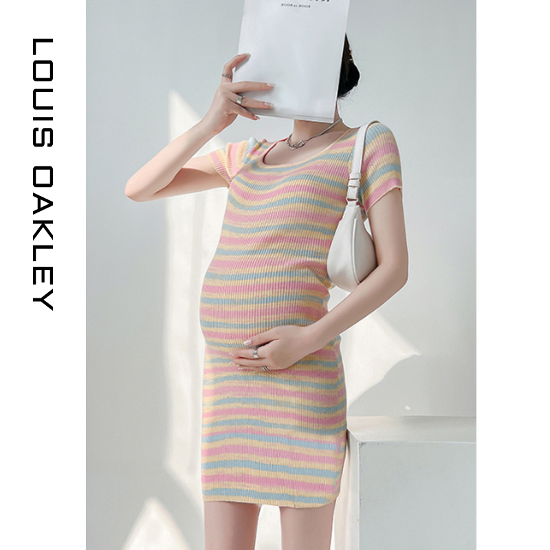 French Louis Oakley French-Style Maternity Wear Summer Dress Sweet Slim-Fit Striped Knitted Maternity Dress French Louis Oakley French-Style Maternity Wear Summer Dress Sweet Slim-Fit Striped Knitted Maternity Dress
