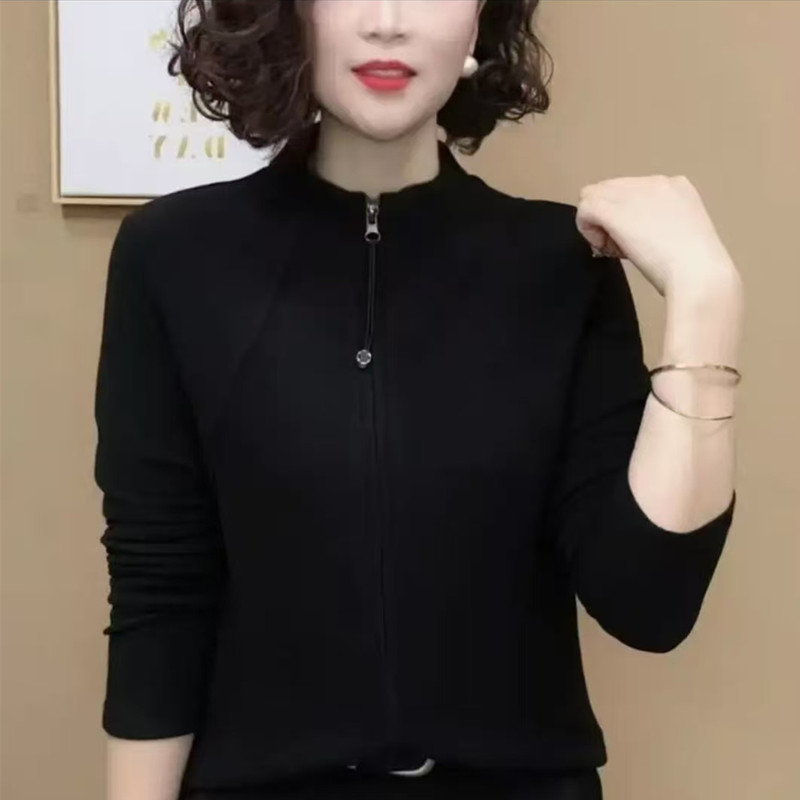 Fashionable and Versatile New Mother's Clothing for Autumn and Winter, Double Zipper Dual-Use Cardigan Jacket, Double-Sided Fleece Stand-Up Collar Base Shirt Top