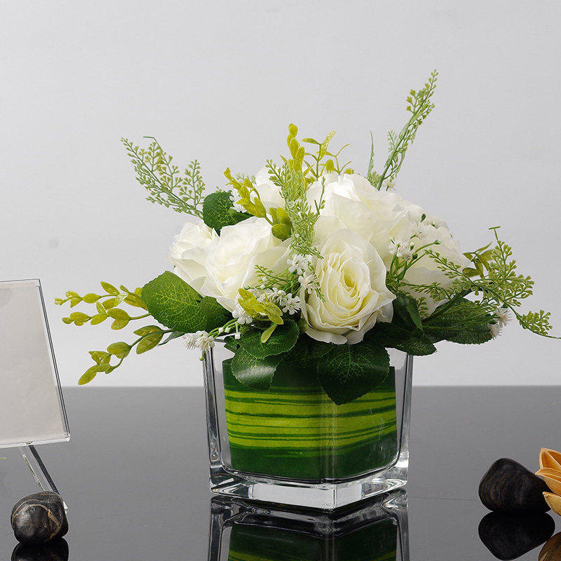 Rose simulation flower fitting small fresh transparent glass vase set restaurantRestaurant room custom decoration