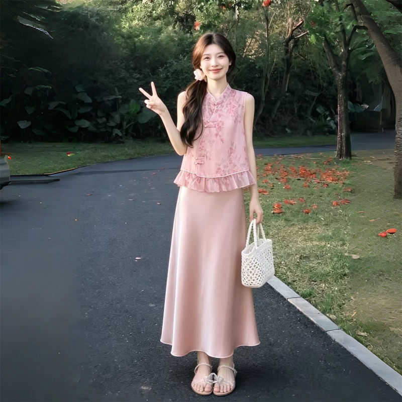 Light Pink New Chinese-Style Button-Up Floral Ruffle Top and Satin Skirt Set for Women, New Summer Two-Piece Set