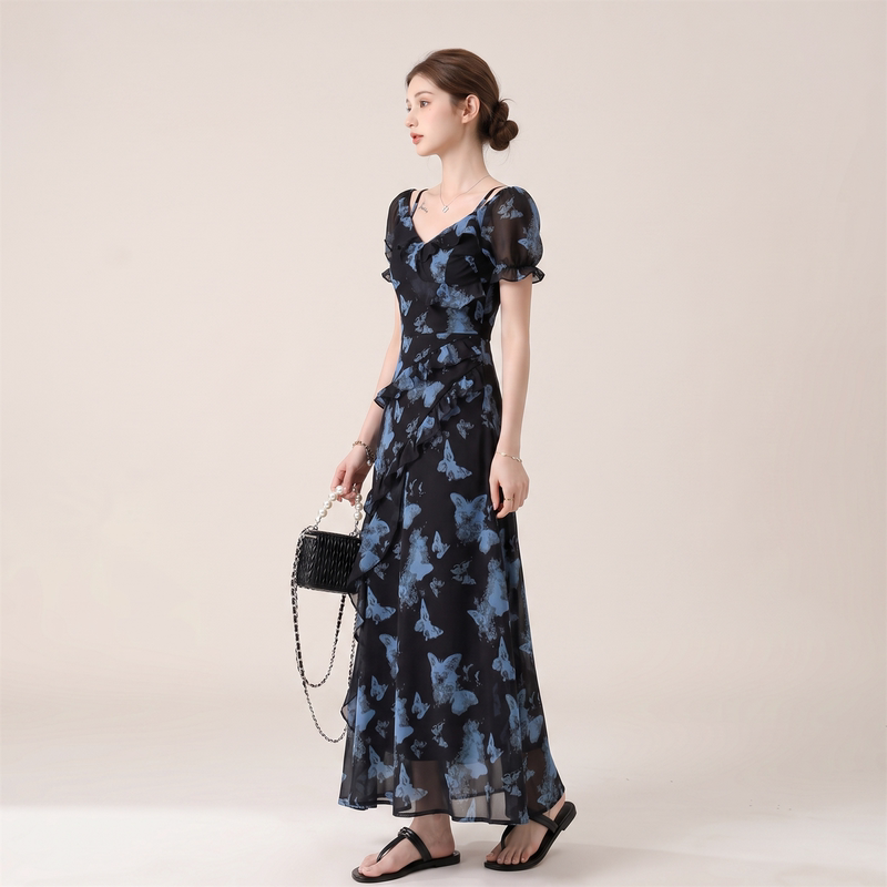 Le.He Monet-Style Contrasting Floral Ruffled Puff Sleeve Dress for Women, Summer 2026 New Cool Long Dress Le.He Monet-Style Contrasting Floral Ruffled Puff Sleeve Dress for Women, Summer 2026 New Cool Long Dress