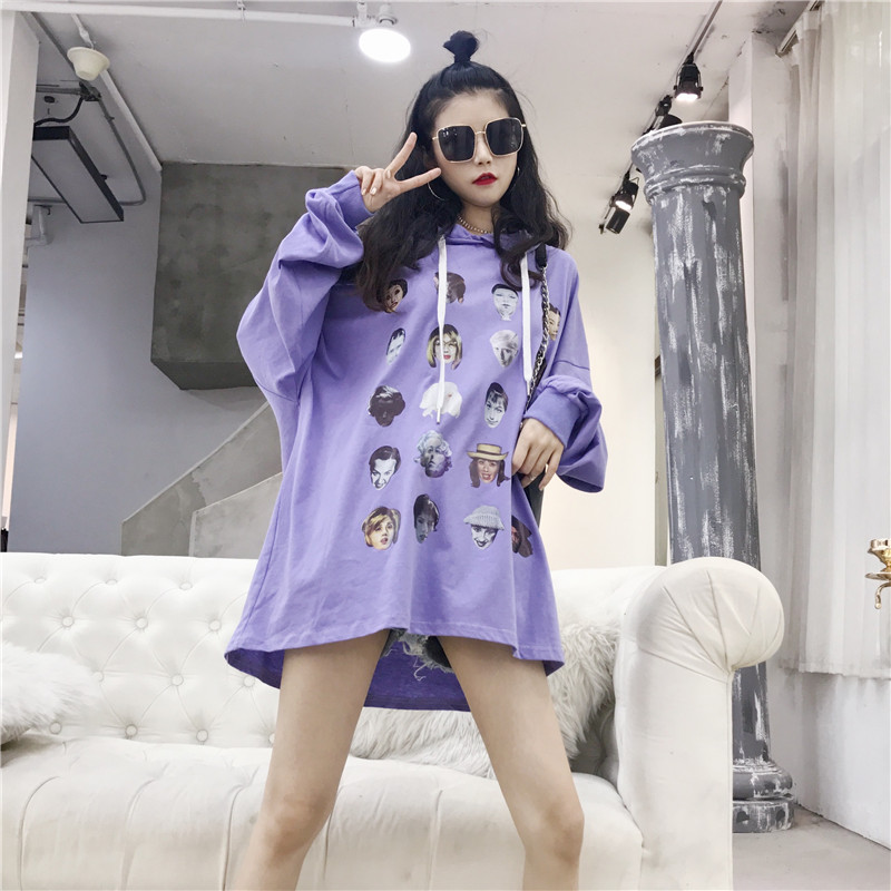 VK旗艦店 韓系個性連帽印花滿版長袖洋裝