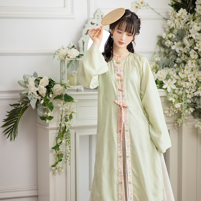 Pool summer: hedges flower cats clear round neckline long shirts press pleats for original improvement Hanfu women's daily state tide autumn