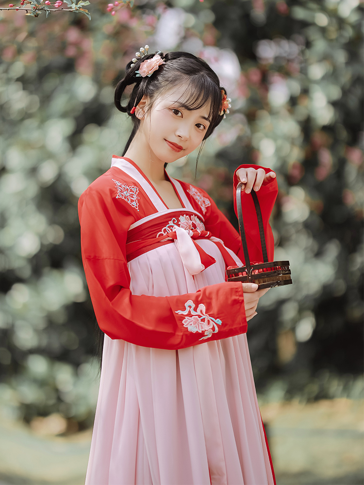 Chi Xia Bodhi: Lian Se original improved Hanfu and Tang Qi chest skirt spring women's suit lotus embroidery