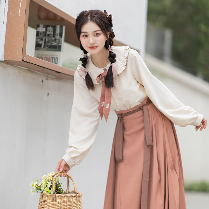 Chi Xia Spring: Tangerine Yu Ming-made round neck long shirt Han element shirt eight points horse face original improved Hanfu women's spring