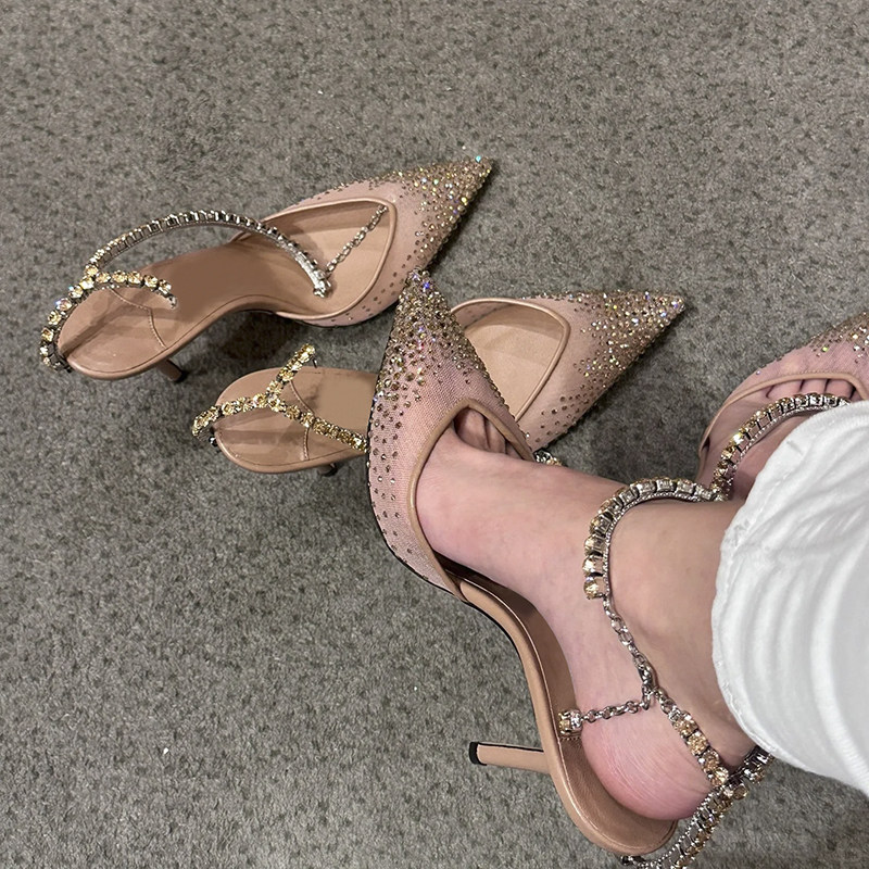 Pointy lined with water drill chain high heel shoe mesh yarn bronzed with shallow mouth genuine leather sandal women slim heel Temperament Wedding shoes-Taobao