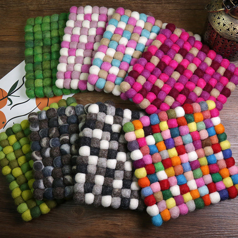 ins wind Nordic sheep felt wool ball dining cushion pan cushion thick solid heat insulation cup cushion soup bowl home gourmet props 20cm