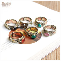 Tibetan ornament handmade three-color bronze inlaid agate crystal gem ring male and female ring national wind retro individuality
