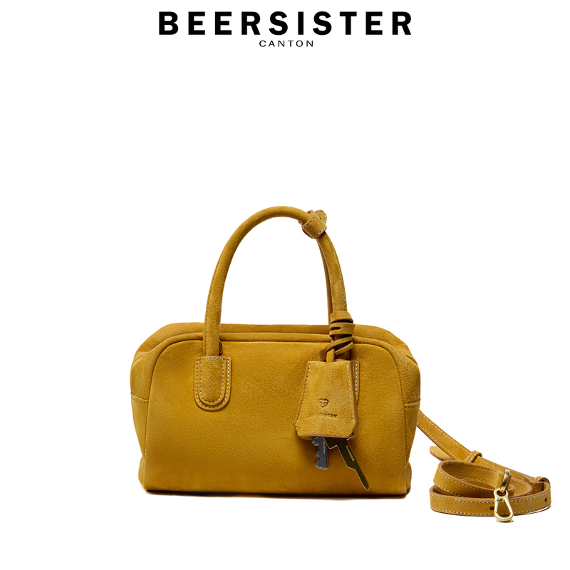 Beersister Boston Bag Made of Top-Grain Suede Sheepskin, Genuine Leather Bowling Bag with Shoulder Strap and Handle