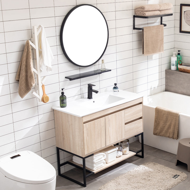 Modern simple solid wood bath cabinet combination cosmetic room wash table wash wash basin cabinet floor type intelligent mirror cabinet