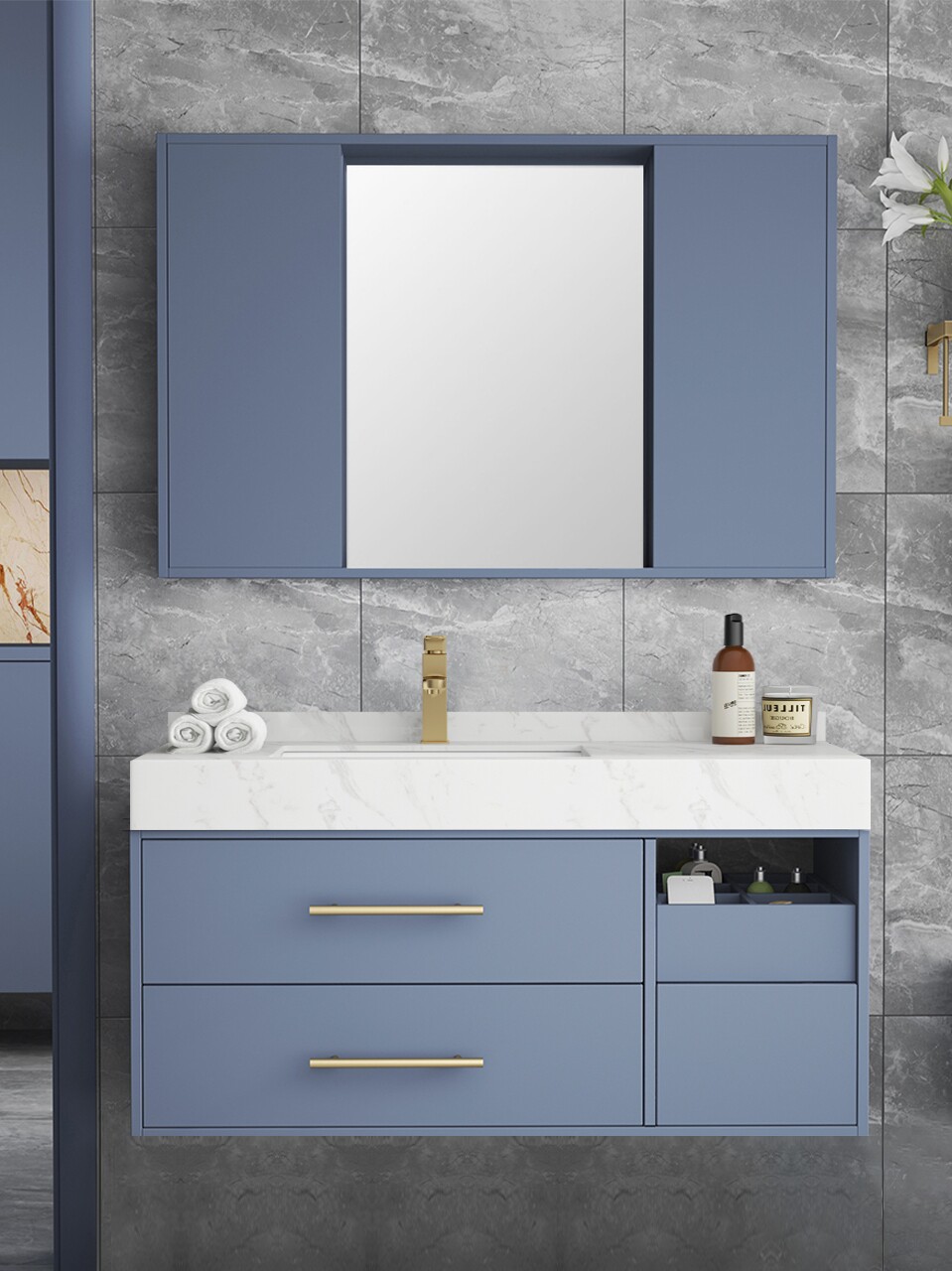 Nordic light luxury bathroom cabinet combination Wash hand wash powder room Wash basin cabinet Wall-mounted intelligent Feng Shui mirror cabinet