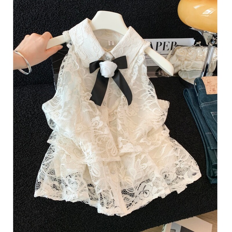 Recommended for Personal Collection~ Chanel-Style Bow Lace Collar Shirt for Women, Light Luxury, High-End Sleeveless Top for Summer Recommended for Personal Collection~ Chanel-Style Bow Lace Collar Shirt for Women, Light Luxury, High-End Sleeveless Top for Summer