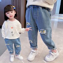Small Girl Child Breaking Cave Jeans Fashion Foreign Air Relax Outside Wearing One Year Old Baby Harun Long Pants Light Color
