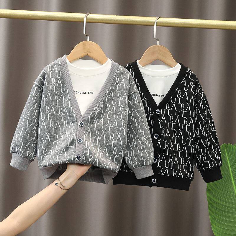 Small Medium Boy Knit Cardiovert Jacket Foreign Pie Two-piece Suit Pure Cotton T-shirt 100 Hitch Children's Blouse Fashion Personality