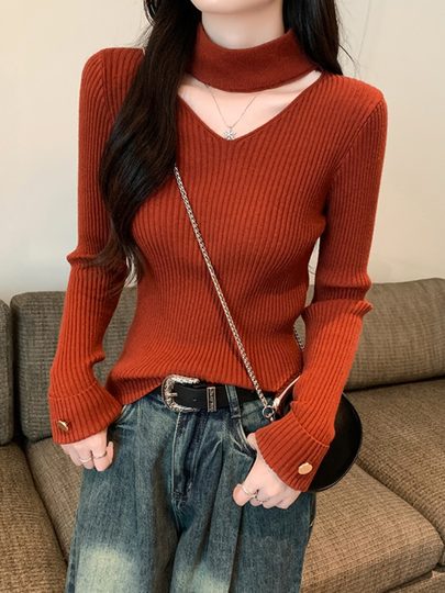 红色挂脖V领毛衣女装春秋2025新款半高领镂空针织打底衫内搭上衣