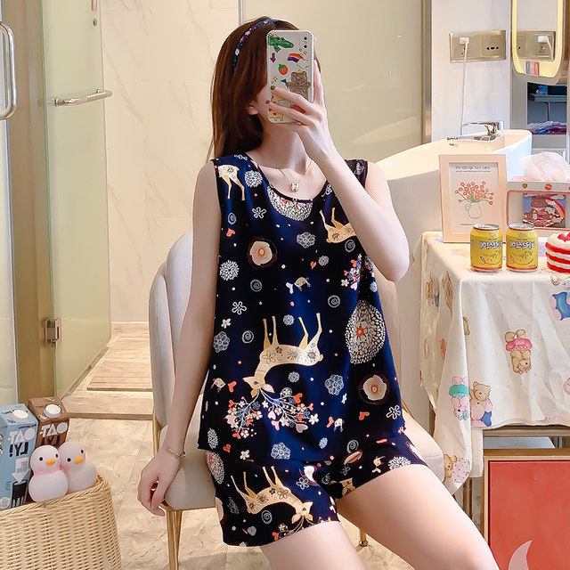 ເສື້ອຢືດຝ້າຍສັ້ນ pajamas ແມ່ຍິງ sleeveless summer ບາງໆແບບເກົາຫຼີຂະຫນາດໃຫຍ່ວ່າງຝ້າຍຜ້າໄຫມເຮືອນເຄື່ອງນຸ່ງຫົ່ມ rayon