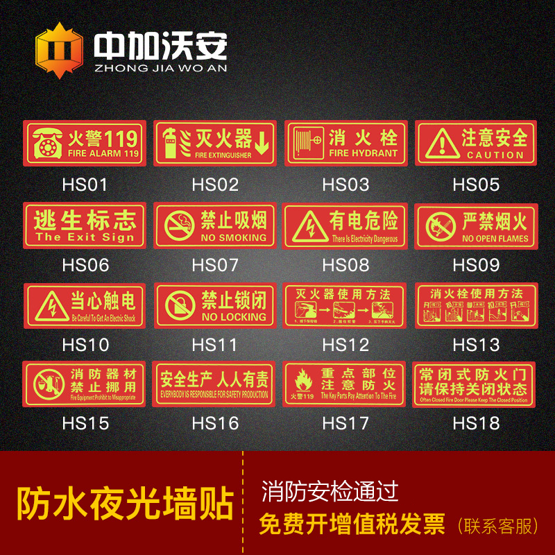 Fire extinguisher placement point Fire hydrant use method Identification card Distribution box Electric hazard warning sticker Luminous