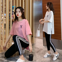 Small pregnant temperament T-shirt top suit summer net red Foreign style fashion hot mom belly pants Casual sports