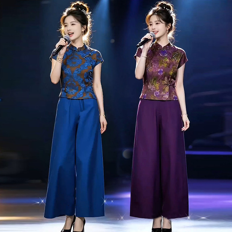 【Kali】High-End Chinese-Style Western-Inspired Women's Summer 2026 Set with Button-Up Printed Short-Sleeve Top and Wide-Leg Pants Two-Piece Set
