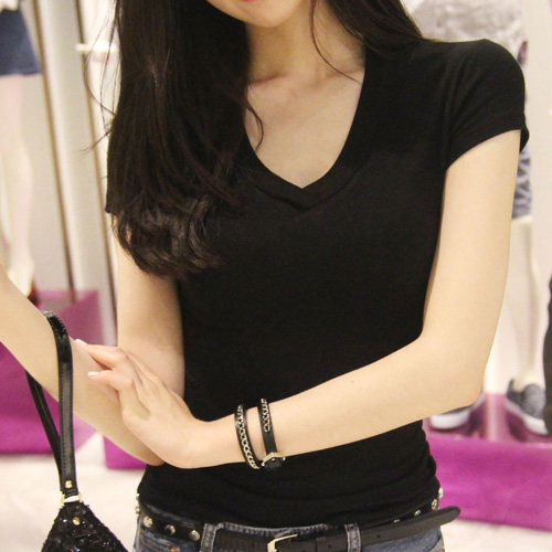 Day to day Korea women's dress minimalist pure color V neckline with short sleeve T-shirt TO102