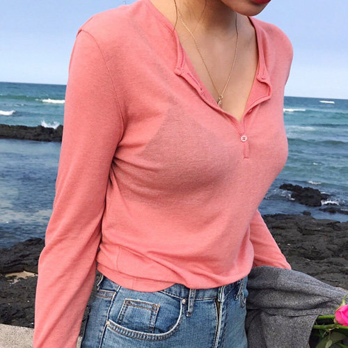 Day hair South Korea sweet and white tender pink comfort tie button slightly overdraft long sleeve T-shirt AR687