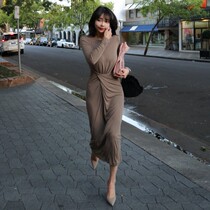 That day the Korean late night wind Big Love coffee fan sexy high waist pleated long sleeve dress female CG556