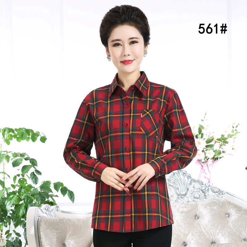 Áo sơ mi nữ trung niên kẻ sọc dài tay mùa xuân và mùa thu của mẹ sơ mi nữ họa tiết dài tay