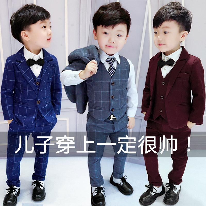 One year old baby small suit set boys dress autumn winter handsome children British suit boys flower boy three-piece set