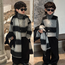 Boys Woolen Coat 2023 New Autumn and Winter Thickened Western Style Suit Retro Fashion Handsome Childrens Woolen Coat