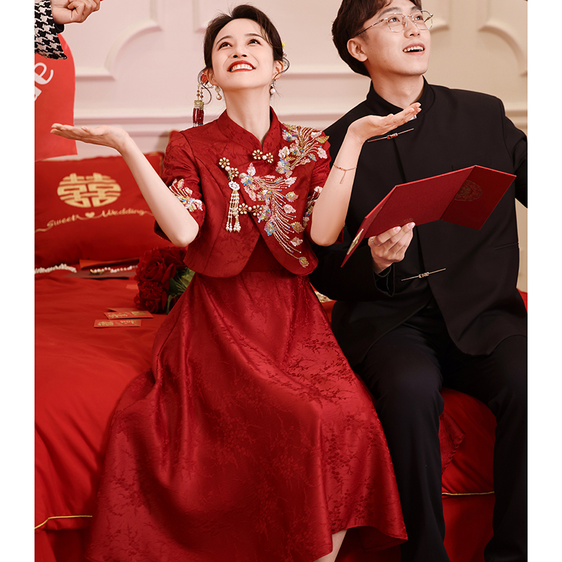 Chinese-Style Split Cheongsam Set in Burgundy for Pregnant Women, Plus Size, High-Waisted, Belly-Covering, Slimming, Wedding and Homecoming Dress