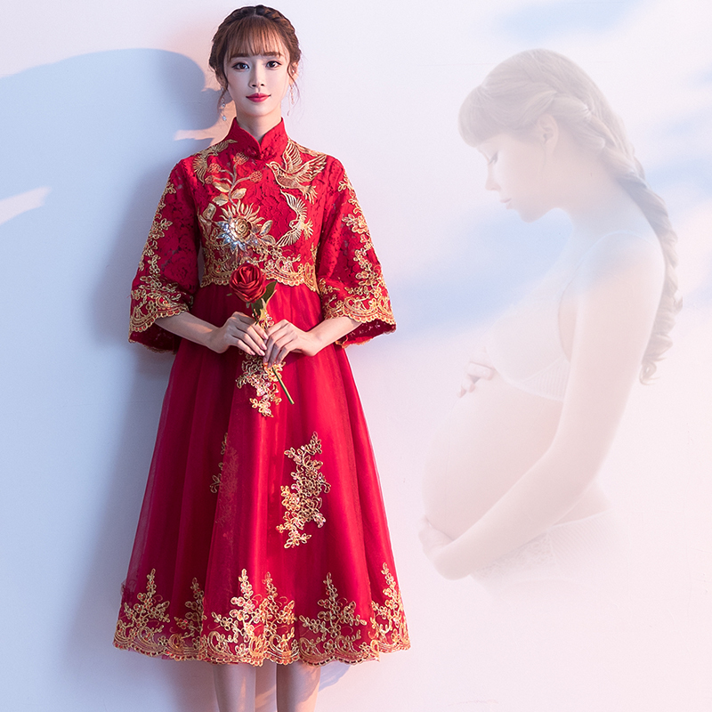 Wedding Dress for the Bride, High-Waisted, Tummy-Covering, New Style, Burgundy, Plus Size, Mid-Sleeve, Maternity Wedding Dress for Women