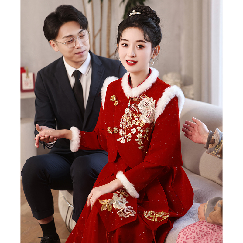 Plus-Size Wedding Dress for Pregnant Women, High-Waisted, Belly-Covering, Slimming, Chinese-Style Long Dress for Engagement, Bridal Shower, and Thank-You Banquet Plus-Size Wedding Dress for Pregnant Women, High-Waisted, Belly-Covering, Slimming, Chinese-Style Long Dress for Engagement, Bridal Shower, and Thank-You Banquet