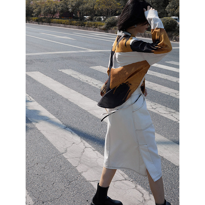 GUOE 20AW plain white denim denim retro high waist a-line thin casual denim skirt women's mid-length