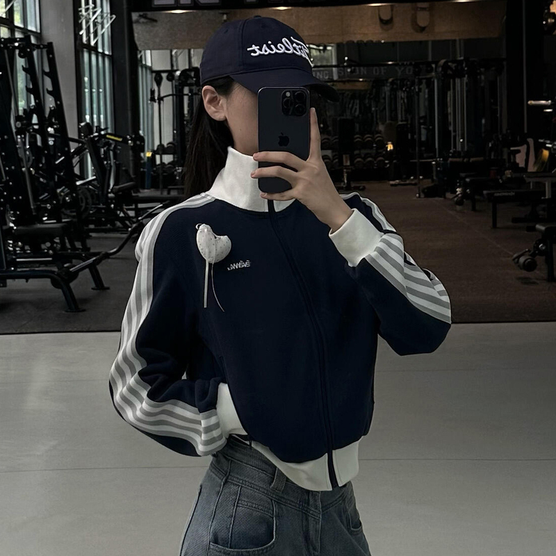 Navy Blue Sports Short Jacket for Women, Early Autumn Color-Block Striped Zip-Up Cardigan, Casual Slim-Fit Baseball Jacket, Trendy Top Navy Blue Sports Short Jacket for Women, Early Autumn Color-Block Striped Zip-Up Cardigan, Casual Slim-Fit Baseball Jacket, Trendy Top