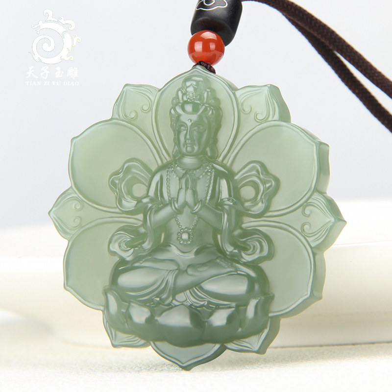 Tianzi Jade carving Hetian jade Qingyu Lotus Guanyin pendant Male jade Xinjiang jade pendant Jade brand jade pendants
