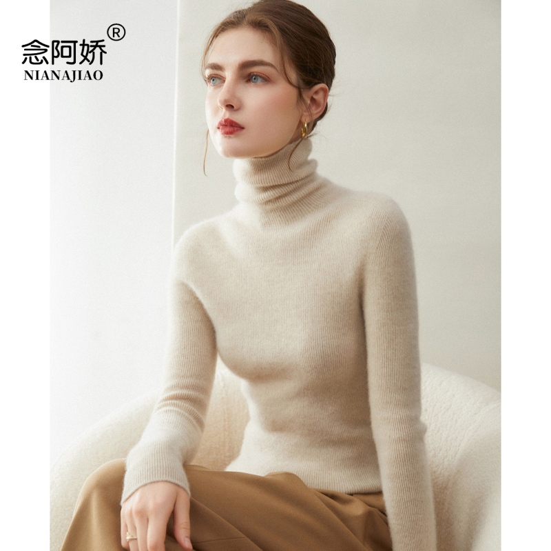 100% Pure Cashmere Sweater for Women, High-Neck Slim-Fit Pullover, High-Cowl Neck Cashmere Sweater, Long-Sleeve Fitted Base Knit
